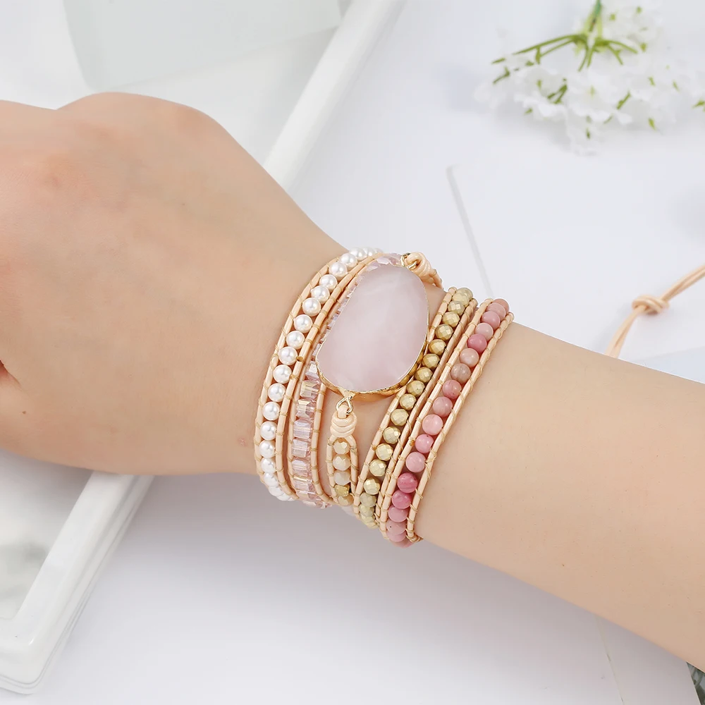 Real Leather Handwoven Natural Pink Stone Crystal Bead Wrap Bracelet Women Love Gemstone Boho Style Stone Strand Bracelets
