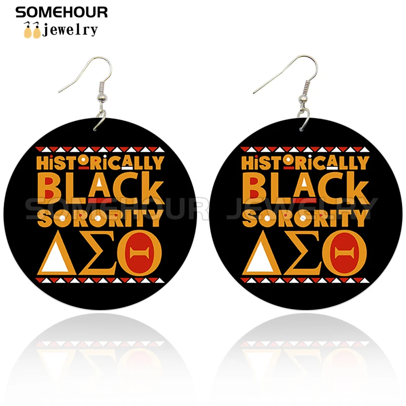 SOMEHOUR Afro Girl Black Sorority History Wooden Drop Earrings Inspired Saying Print African Loops Dangle Jewelry For Women Gift