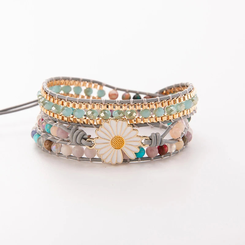 Natural Stone Small Daisies with Turquoise Bracelet Three-layer Color Braided Bracelet Winding Bead Bracelet for Women Girl