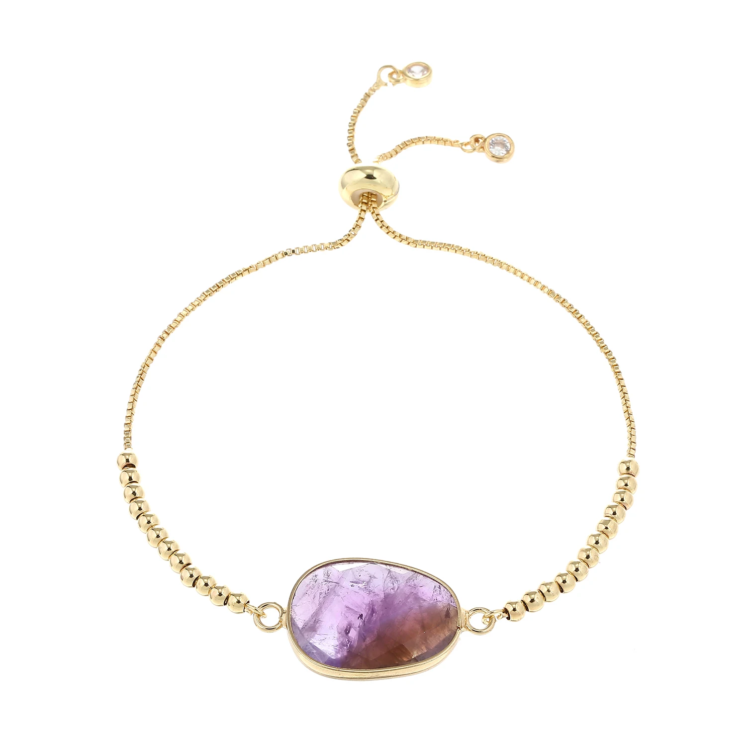 Simple Design Natural Amethyst Stone Bead Link Bracelet 18K Gold Plated Brass Chain Adjustable Bracelet for women Drop Shipping
