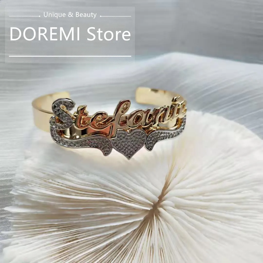 DOREMI Adult Custom Name Bangle Double Plate Name Bracelets Personalized Stainless Steel Two Toned Name Bangles For Women Gifts