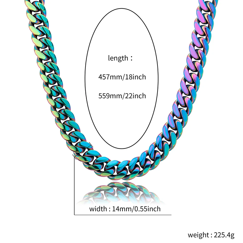 GUCY 10mm and 14mm Rainbow Color Mens Hip Hop Stainless Steel Cuban Chain Jewelry Hip Hop Necklace