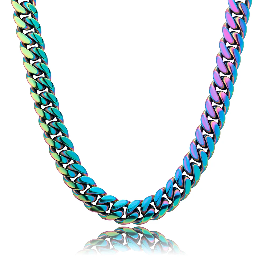 GUCY 10mm and 14mm Rainbow Color Mens Hip Hop Stainless Steel Cuban Chain Jewelry Hip Hop Necklace