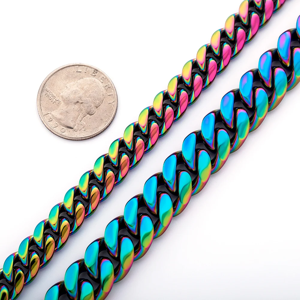 GUCY 10mm and 14mm Rainbow Color Mens Hip Hop Stainless Steel Cuban Chain Jewelry Hip Hop Necklace