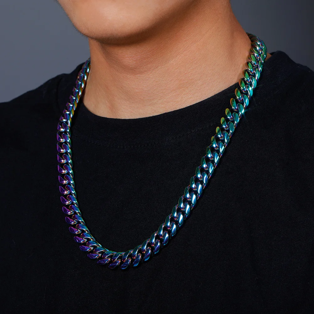 GUCY 10mm and 14mm Rainbow Color Mens Hip Hop Stainless Steel Cuban Chain Jewelry Hip Hop Necklace