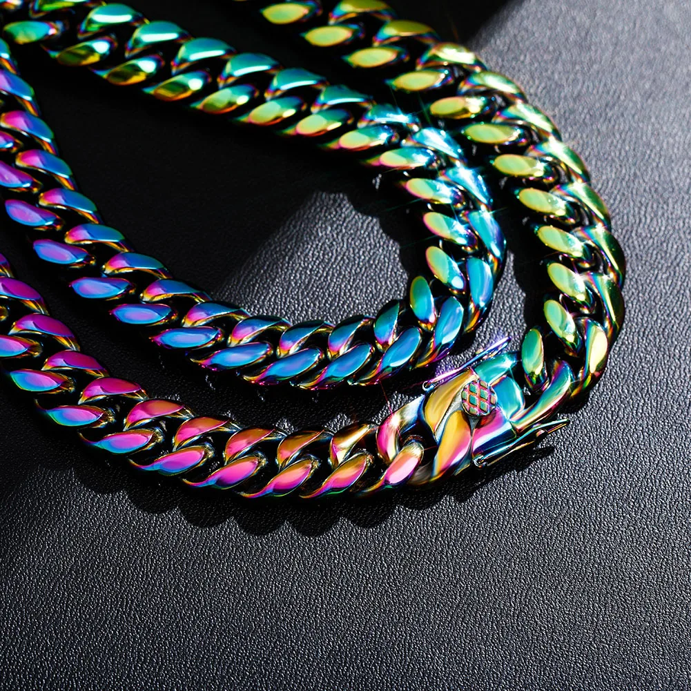 GUCY 10mm and 14mm Rainbow Color Mens Hip Hop Stainless Steel Cuban Chain Jewelry Hip Hop Necklace