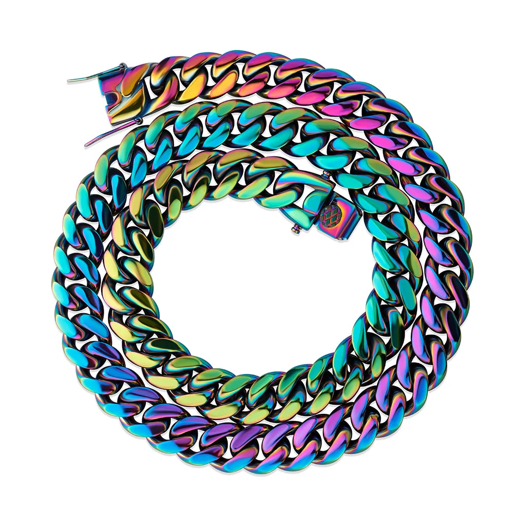 GUCY 10mm and 14mm Rainbow Color Mens Hip Hop Stainless Steel Cuban Chain Jewelry Hip Hop Necklace