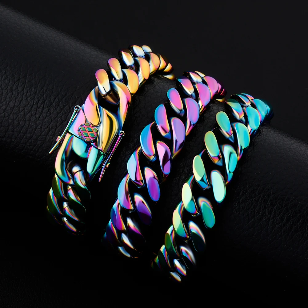 GUCY 10mm and 14mm Rainbow Color Mens Hip Hop Stainless Steel Cuban Chain Jewelry Hip Hop Necklace