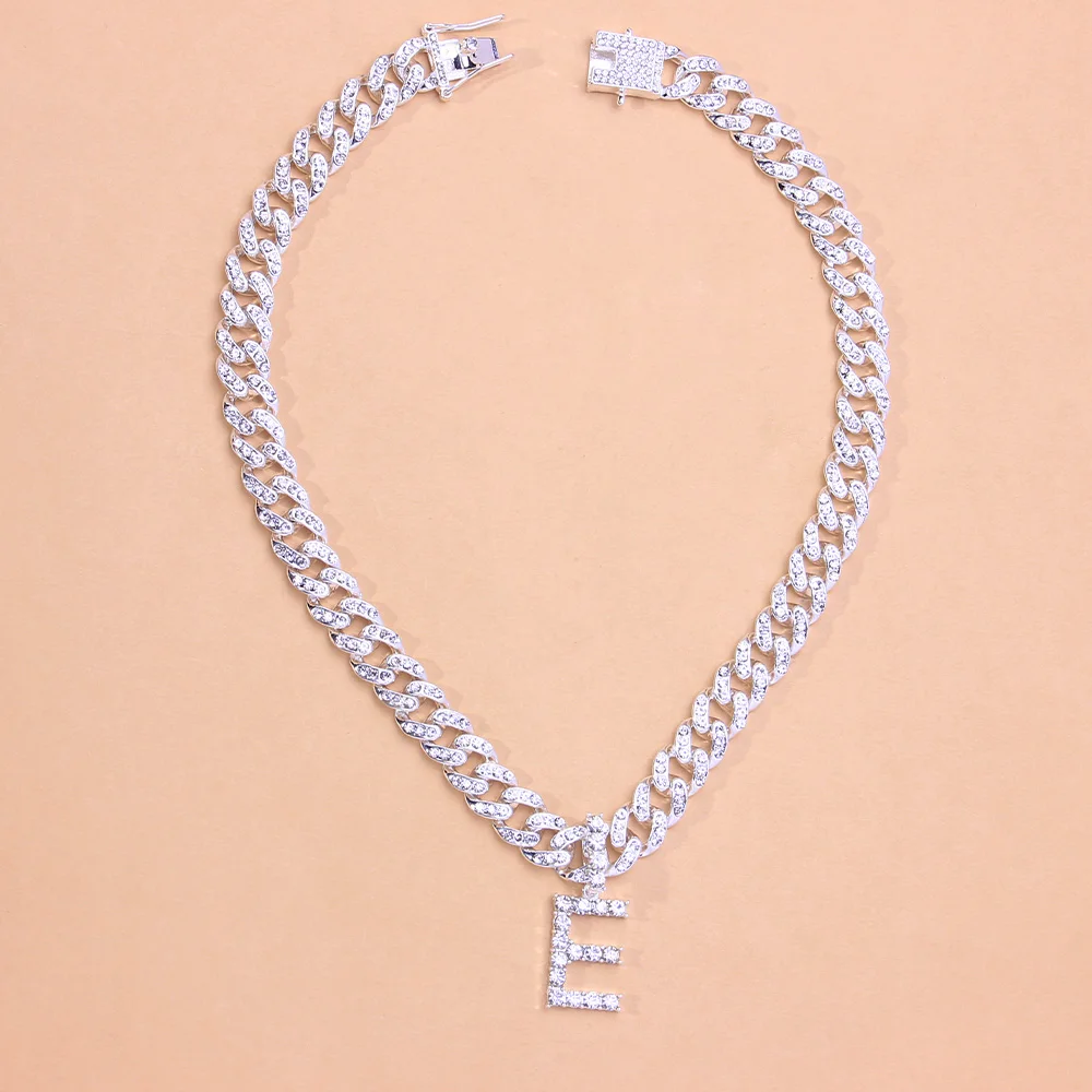 Rhinestone Punk Men 26 Initial Letter Necklce Wholesale Thick Curb Cuban Link Necklace Women Female Iced Out Choker Set Alphabet