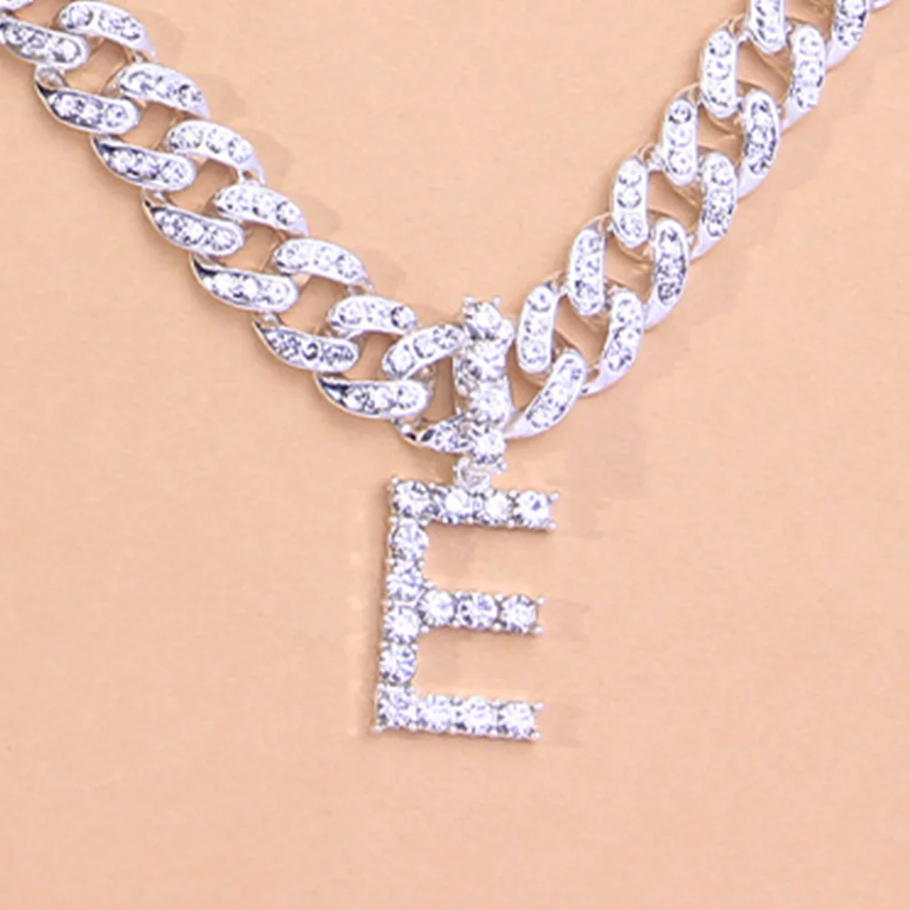 Rhinestone Punk Men 26 Initial Letter Necklce Wholesale Thick Curb Cuban Link Necklace Women Female Iced Out Choker Set Alphabet