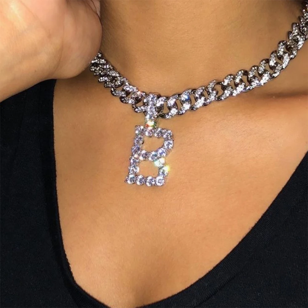 Rhinestone Punk Men 26 Initial Letter Necklce Wholesale Thick Curb Cuban Link Necklace Women Female Iced Out Choker Set Alphabet