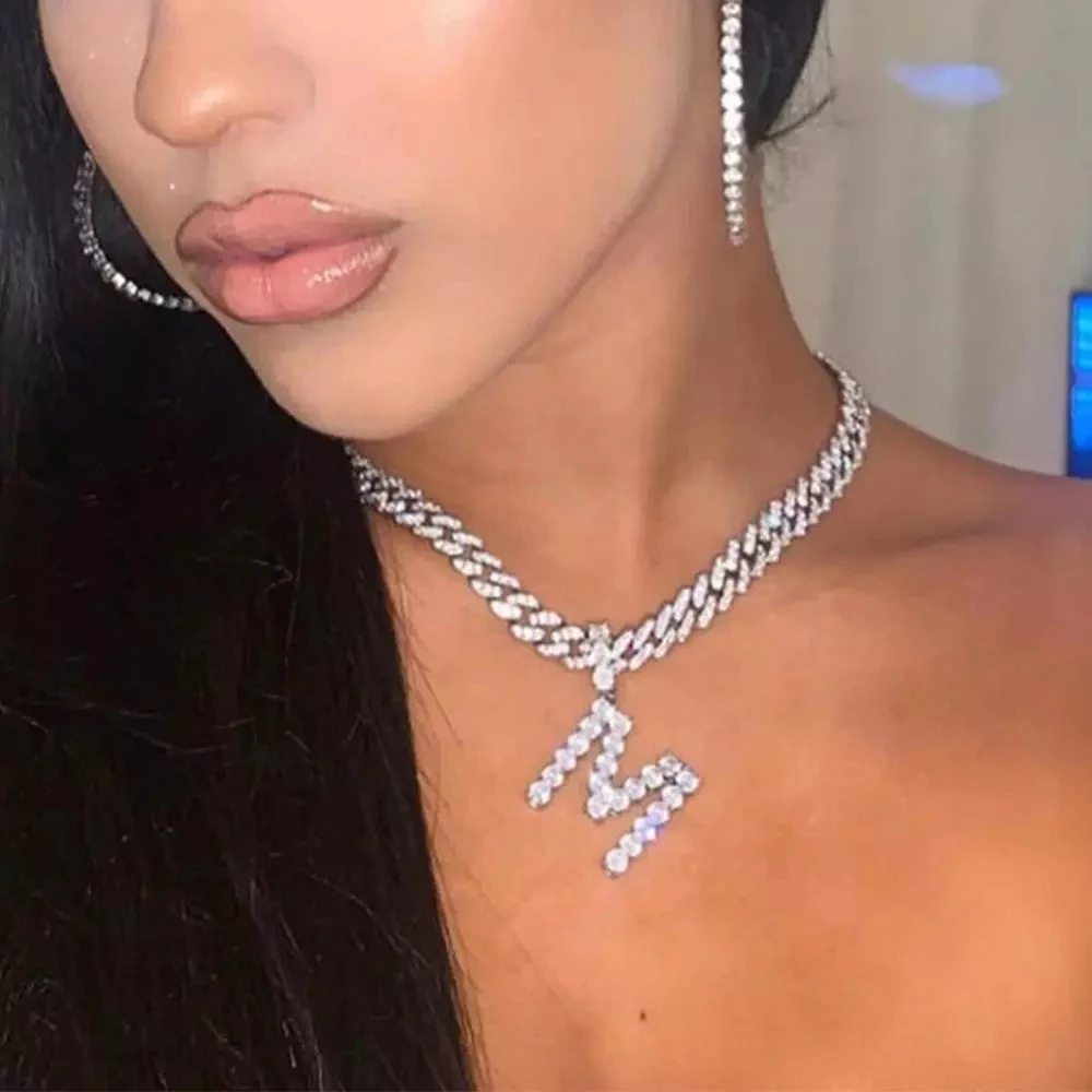 Rhinestone Punk Men 26 Initial Letter Necklce Wholesale Thick Curb Cuban Link Necklace Women Female Iced Out Choker Set Alphabet