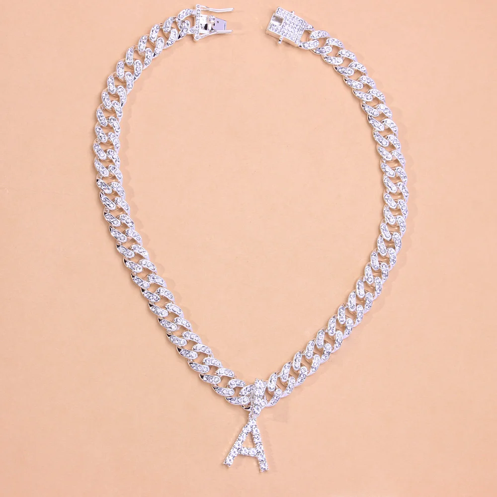 Rhinestone Punk Men 26 Initial Letter Necklce Wholesale Thick Curb Cuban Link Necklace Women Female Iced Out Choker Set Alphabet