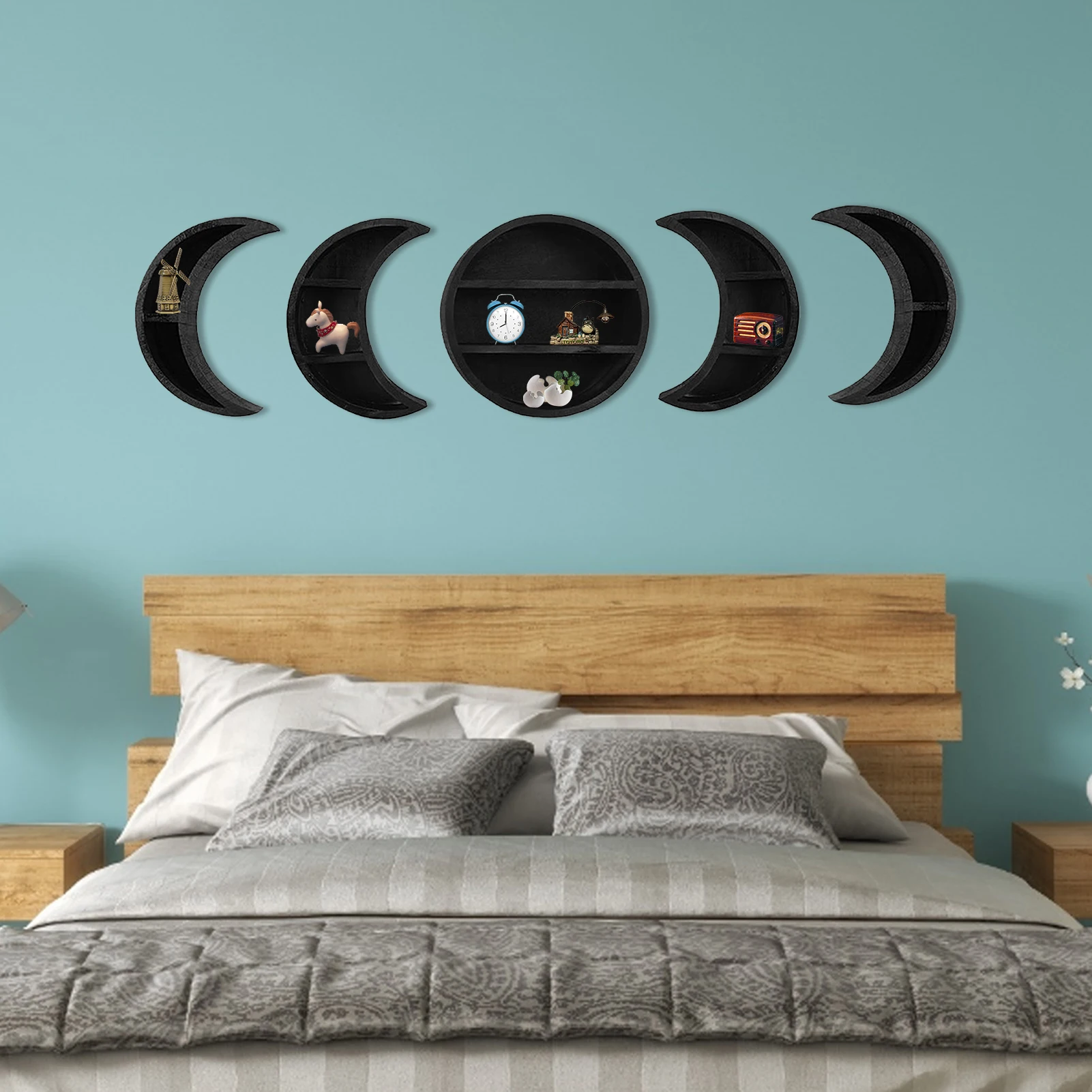 Wooden Moon Shelves Bohemian Moon Cycle Change Bathroom Wall Shelf Essential Oil Storage Rack Home Decoration Accessories