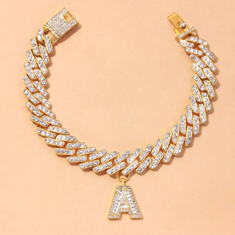 Crystal Hip Hop Cuban Link Initial A-Z Alphabet Anklet Bracelet on the Leg for Women Men Iced Out Baguette Thick Chunky Anklet