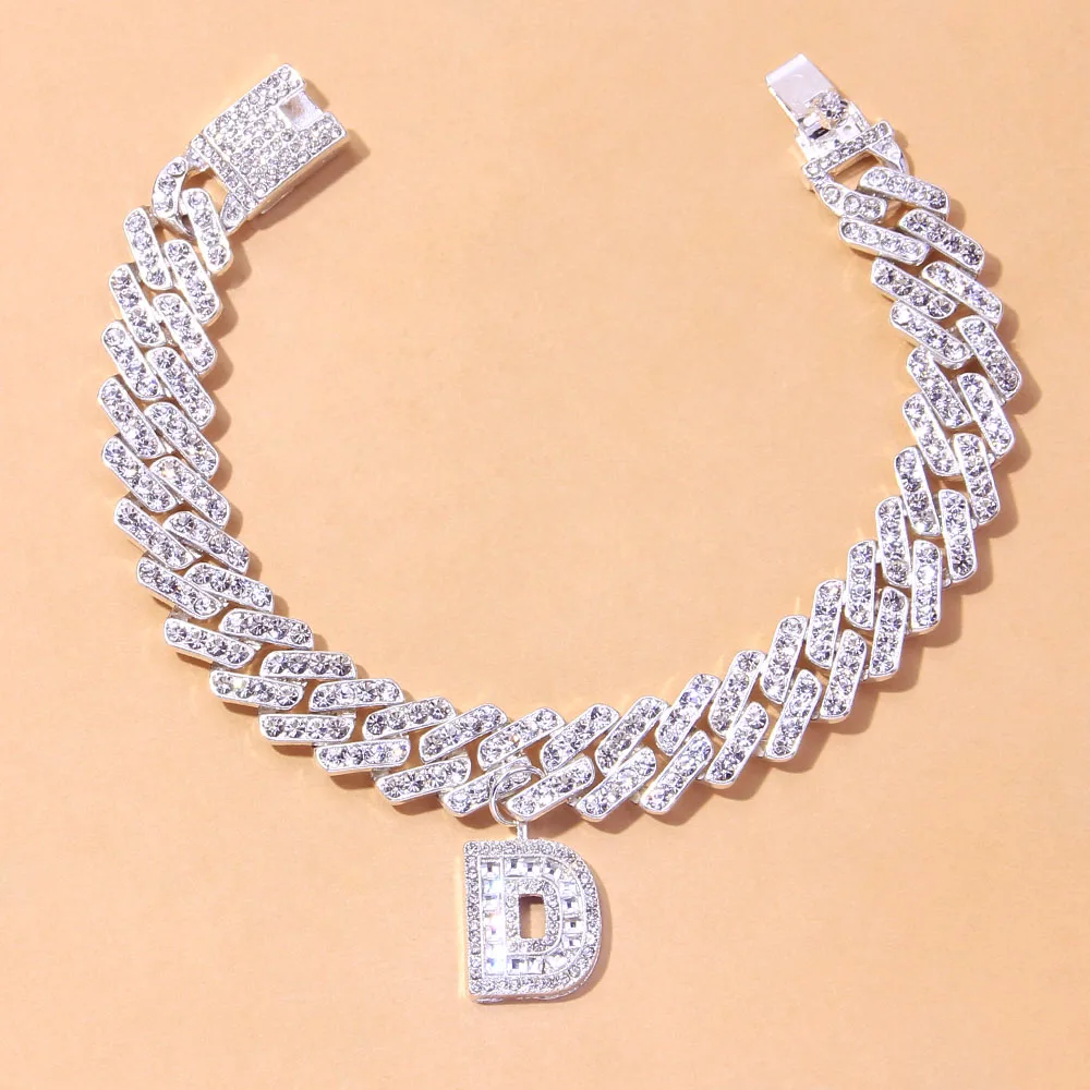 Crystal Hip Hop Cuban Link Initial A-Z Alphabet Anklet Bracelet on the Leg for Women Men Iced Out Baguette Thick Chunky Anklet