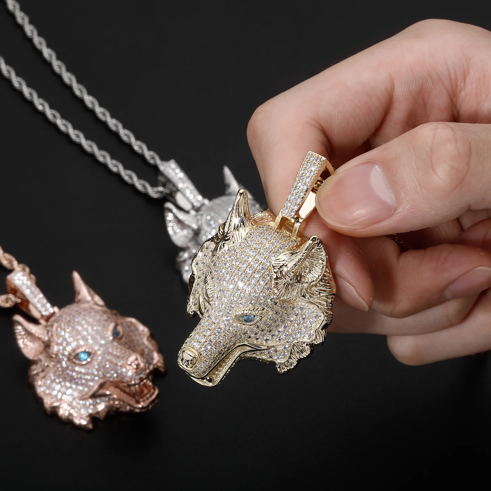 GUCY New Gold Silver Color Animal Wolf Head Pendant With Full Iced Out AAAA Cubic Zirconia Hip Hop Necklace Jewelry For Gift