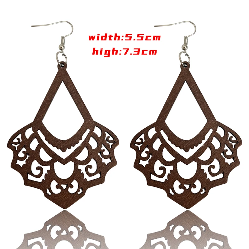 SOMESOOR Dark Brown Geometric Engraved African Wooden Drop Earrings Afrocentric Ethnic Bohemian Dangle Jewelry For Women Gifts