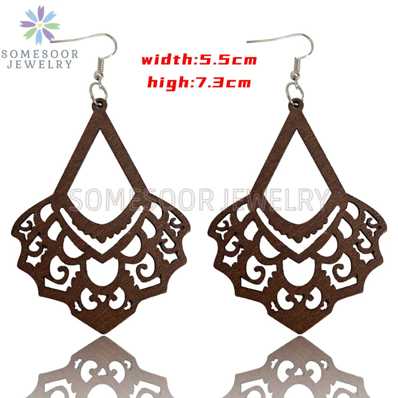 SOMESOOR Dark Brown Geometric Engraved African Wooden Drop Earrings Afrocentric Ethnic Bohemian Dangle Jewelry For Women Gifts