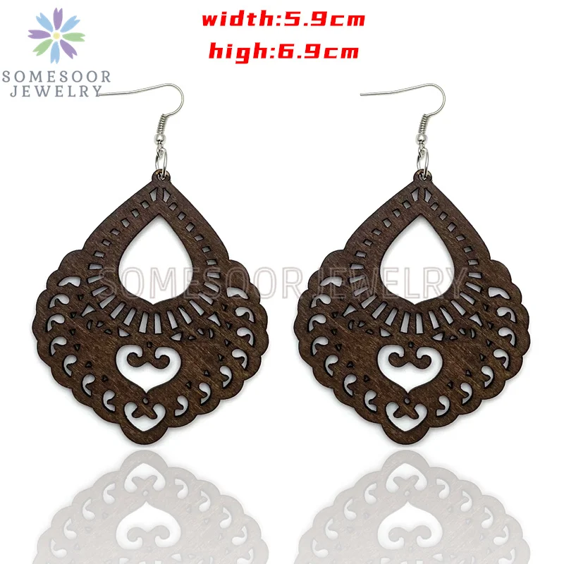 SOMESOOR Dark Brown Geometric Engraved African Wooden Drop Earrings Afrocentric Ethnic Bohemian Dangle Jewelry For Women Gifts