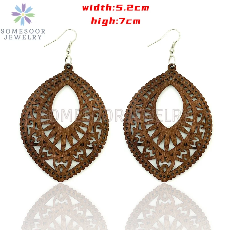SOMESOOR Dark Brown Geometric Engraved African Wooden Drop Earrings Afrocentric Ethnic Bohemian Dangle Jewelry For Women Gifts