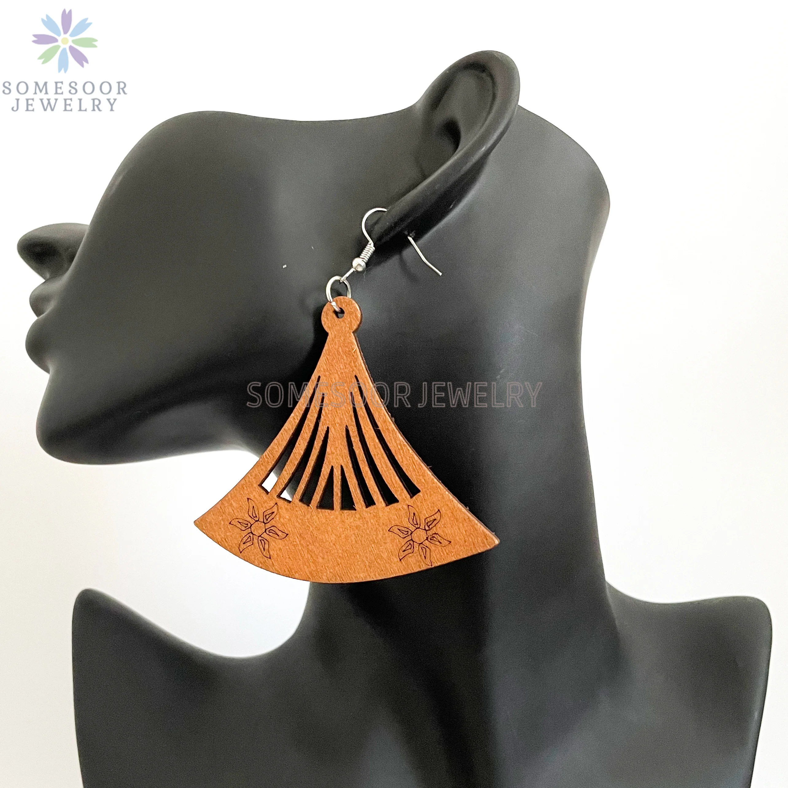 SOMESOOR Dark Brown Geometric Engraved African Wooden Drop Earrings Afrocentric Ethnic Bohemian Dangle Jewelry For Women Gifts