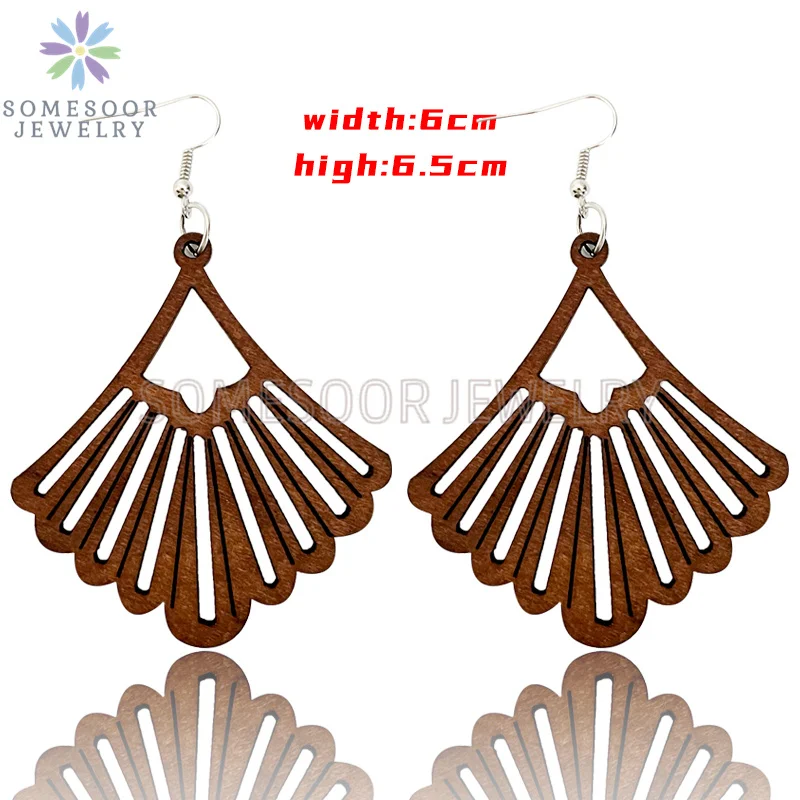 SOMESOOR Dark Brown Geometric Engraved African Wooden Drop Earrings Afrocentric Ethnic Bohemian Dangle Jewelry For Women Gifts