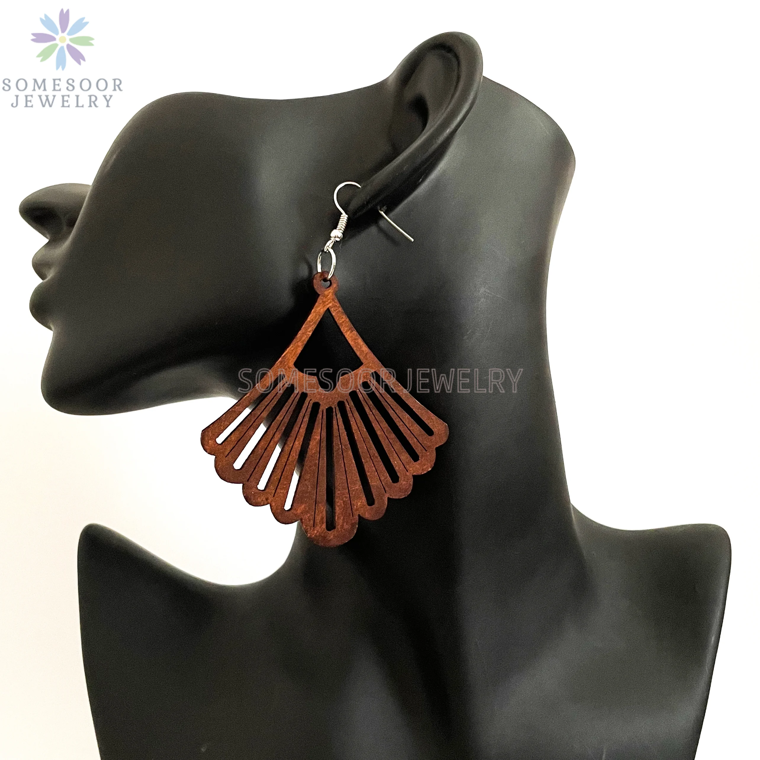 SOMESOOR Dark Brown Geometric Engraved African Wooden Drop Earrings Afrocentric Ethnic Bohemian Dangle Jewelry For Women Gifts