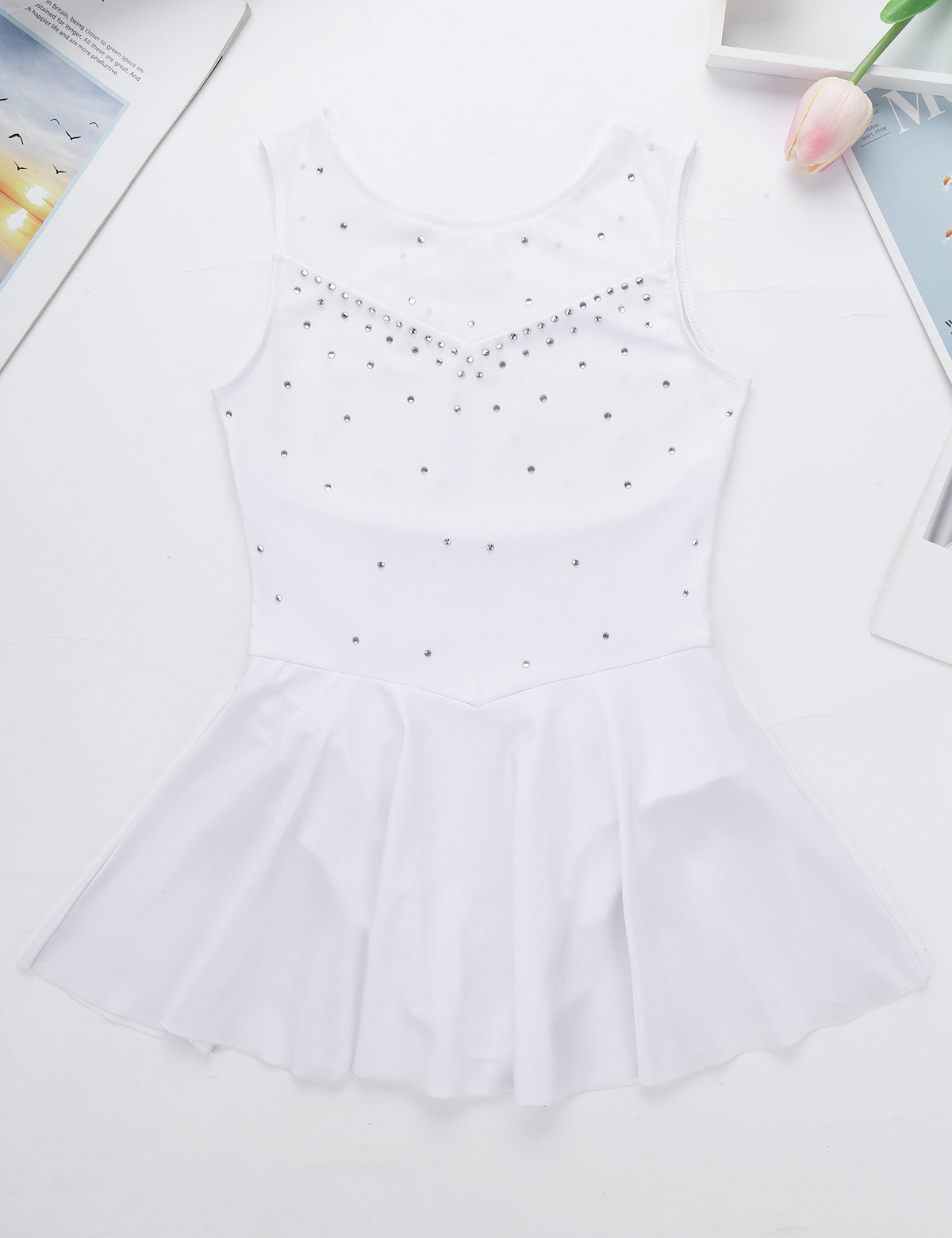 Kids Girls Ballet Dance Dress Gymnastics Workout Sparkly Rhinestone Back Figure Skating Ballerina Dress for Stage Performance