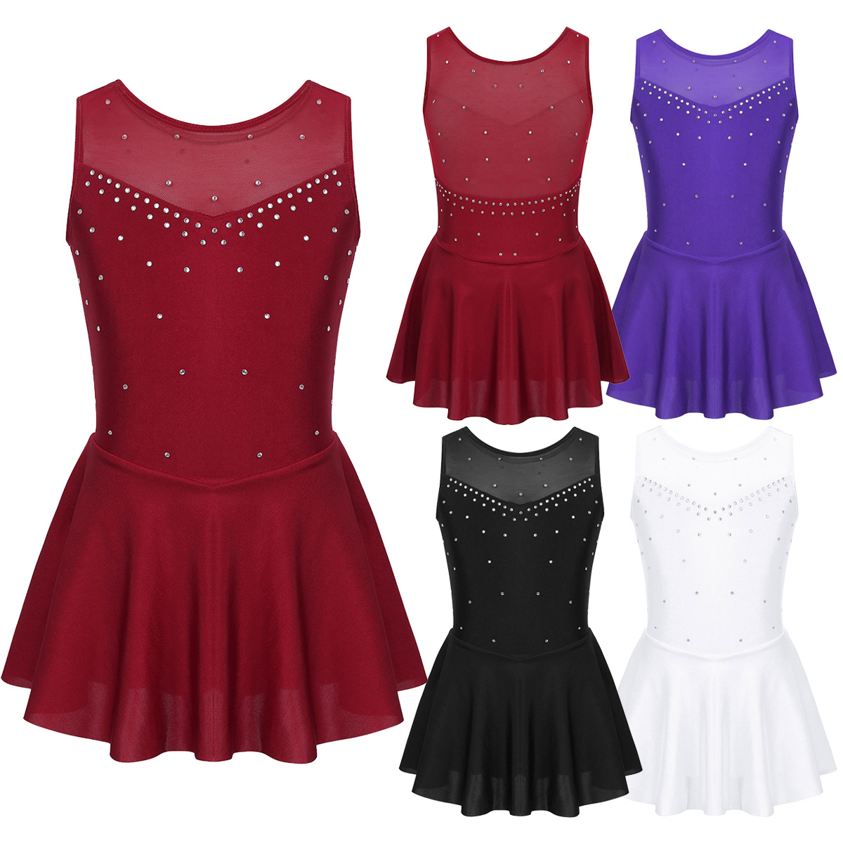 Kids Girls Ballet Dance Dress Gymnastics Workout Sparkly Rhinestone Back Figure Skating Ballerina Dress for Stage Performance
