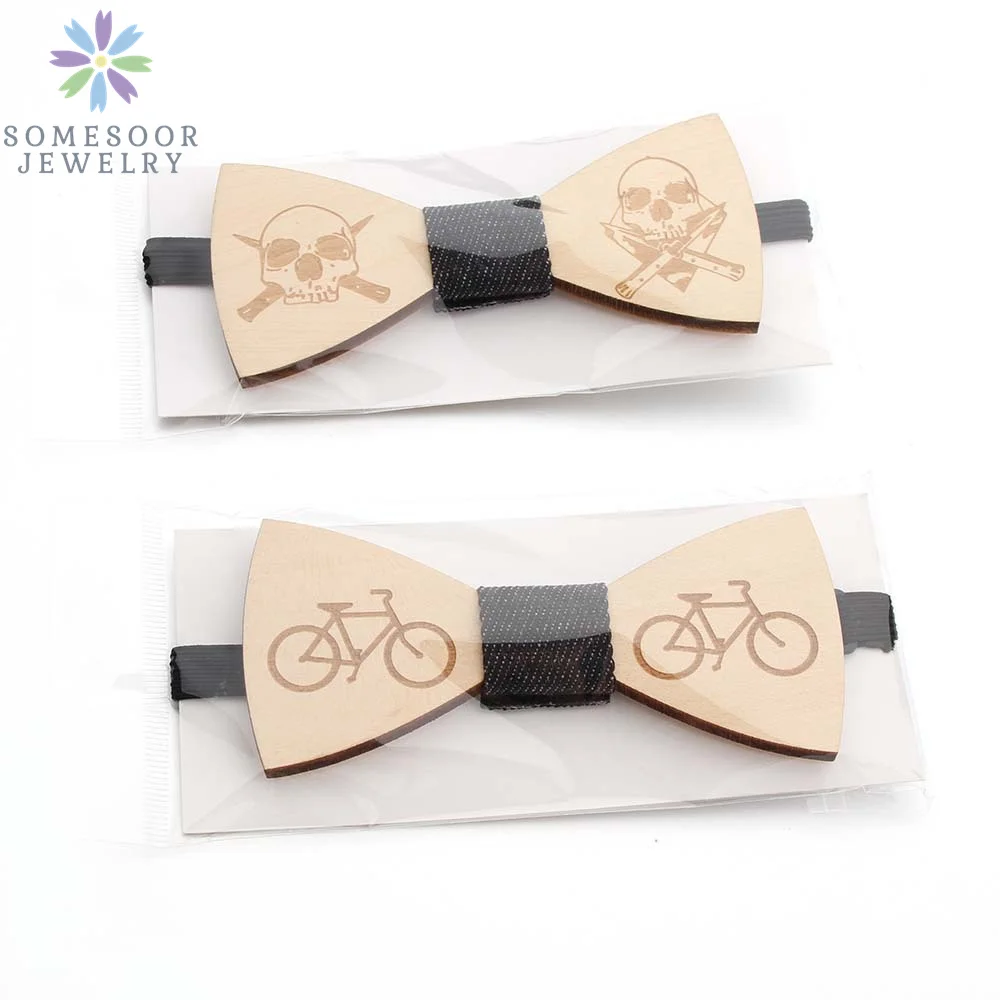 SOMESOOR Vintage Natural Wood Floral Bowtie Engraved Skeleton Camera Bowknots Weeding Suits Geometric Neck Ties For Men Gifts