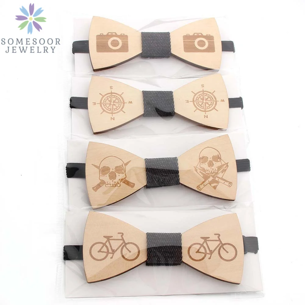 SOMESOOR Vintage Natural Wood Floral Bowtie Engraved Skeleton Camera Bowknots Weeding Suits Geometric Neck Ties For Men Gifts