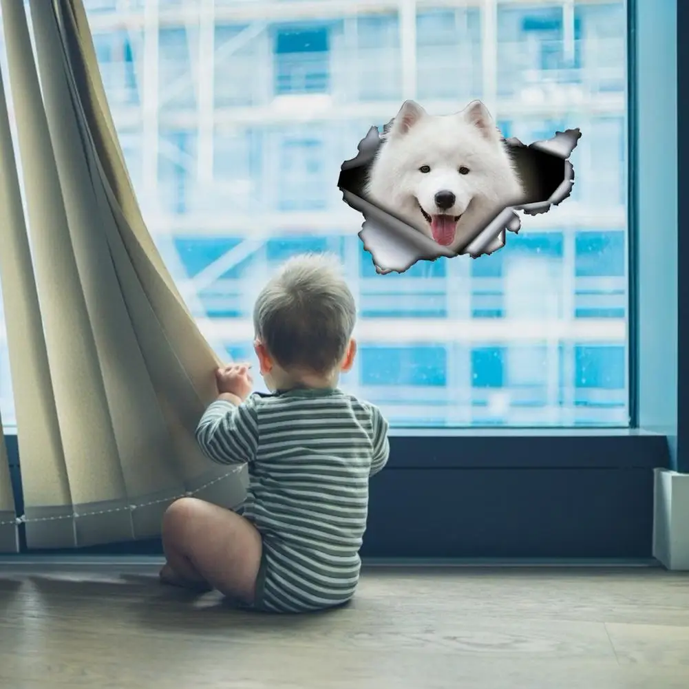 3D Lovely Pet Dog Car Sticker Pug Samoyed Dachshund Dog Torn Metal Sticker Waterproof Car Styling Pet Dog Decal 8x4inch