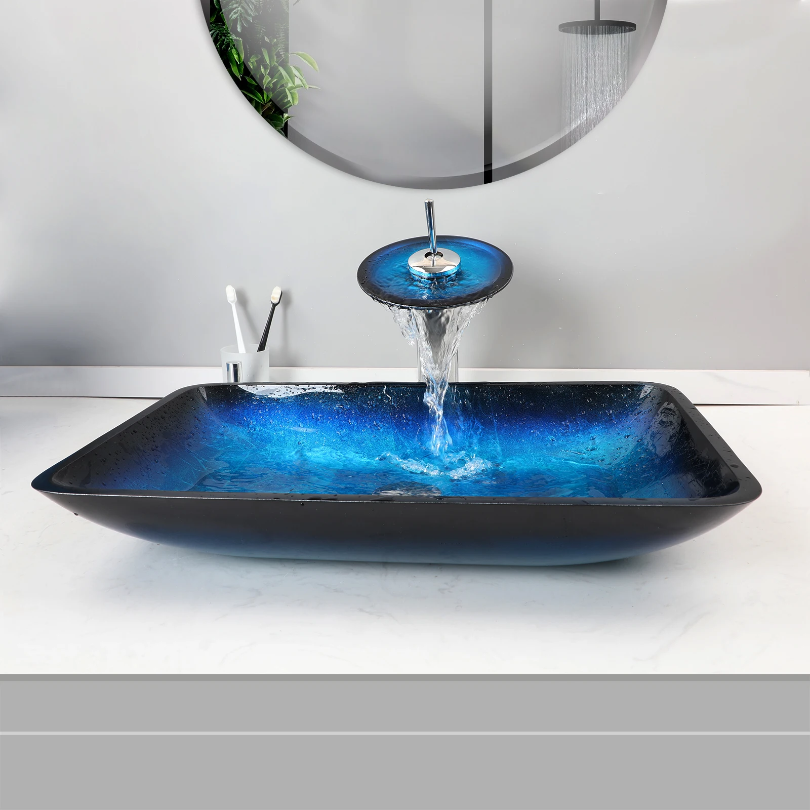 ZAPPO Tempered Glass Bathroom Vessel Sink with Waterfall Black Faucet Tap Bathroom Oval Blue Vessel Sinks Above Counter Basin
