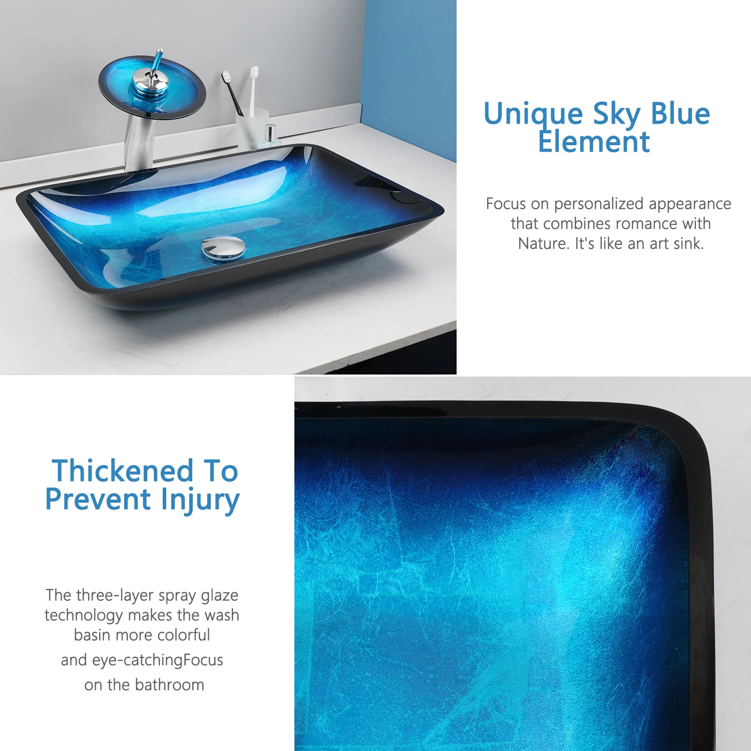 ZAPPO Tempered Glass Bathroom Vessel Sink with Waterfall Black Faucet Tap Bathroom Oval Blue Vessel Sinks Above Counter Basin
