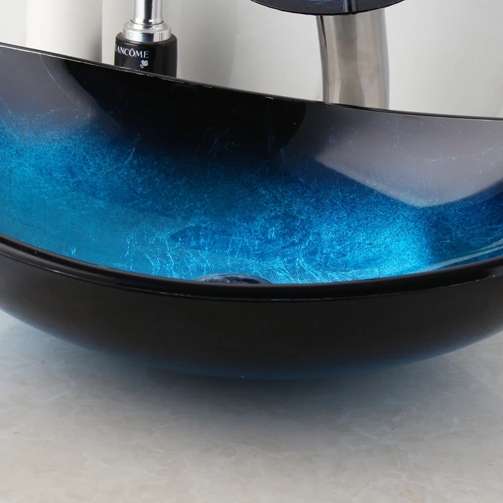 ZAPPO Tempered Glass Bathroom Vessel Sink with Waterfall Black Faucet Tap Bathroom Oval Blue Vessel Sinks Above Counter Basin
