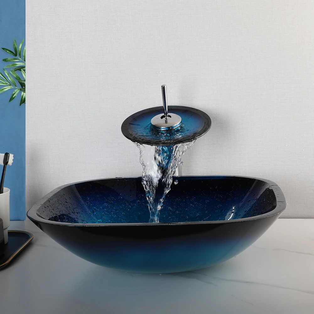ZAPPO Tempered Glass Bathroom Vessel Sink with Waterfall Black Faucet Tap Bathroom Oval Blue Vessel Sinks Above Counter Basin
