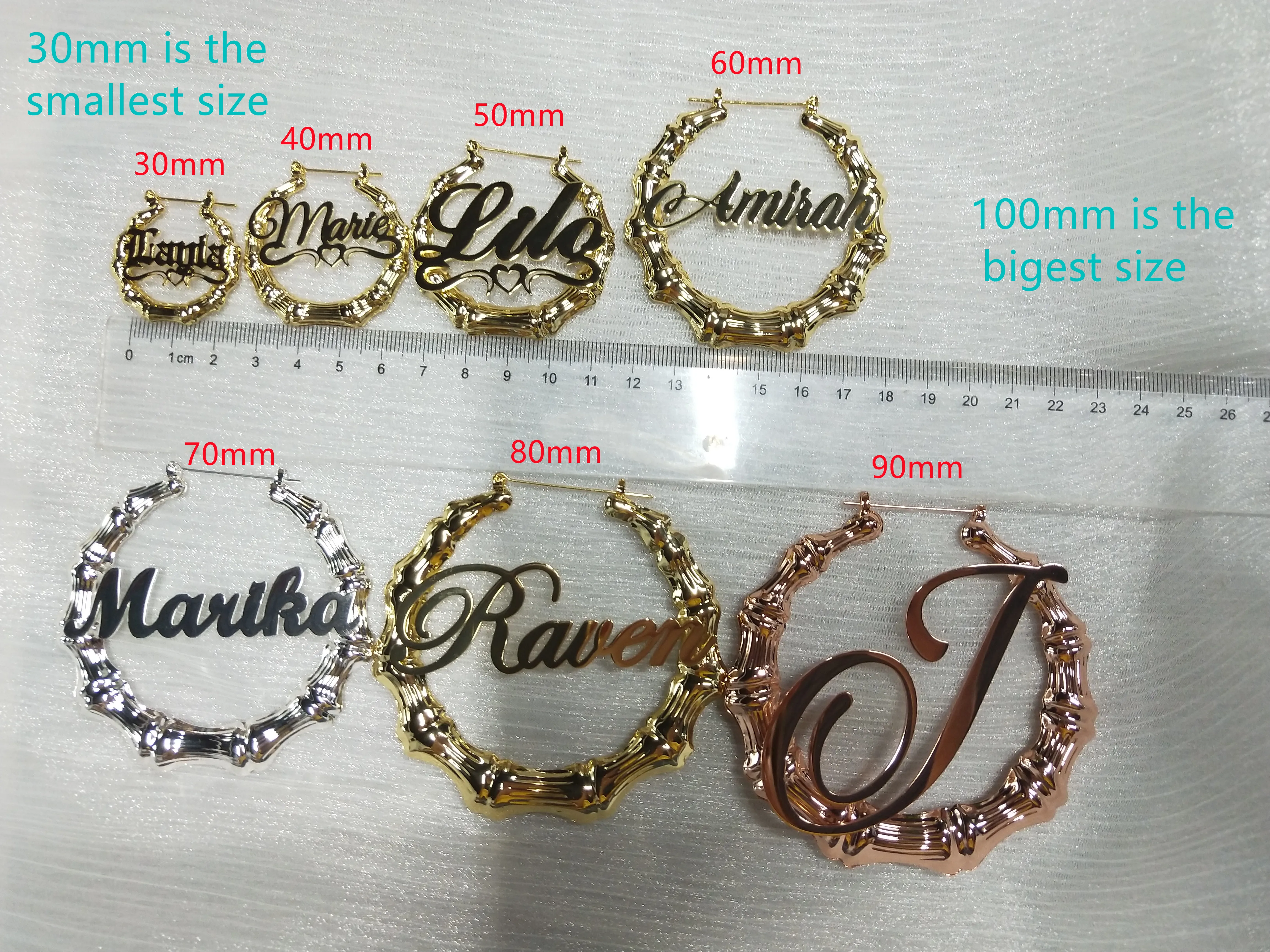 DOREMI Name Earrings and Necklace set 3MM Cuban Chain Round Bamboo Earrings Custom Bamboo HoopLetter Personalised Name Earrings