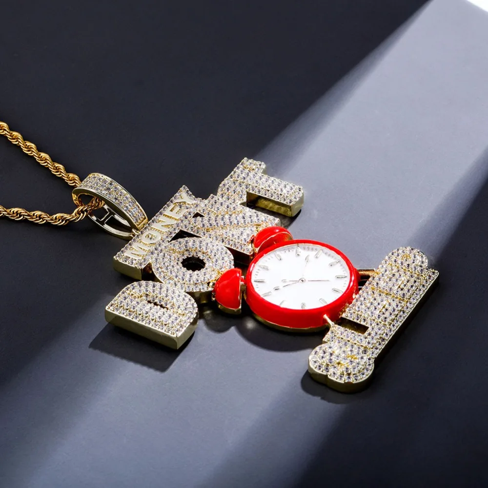 GUCY Hip hop Jewelry Alarm Clock Pendant Necklace Full Iced Out AAA Cubic Zircon Fashion Accessories for Drop Shipping