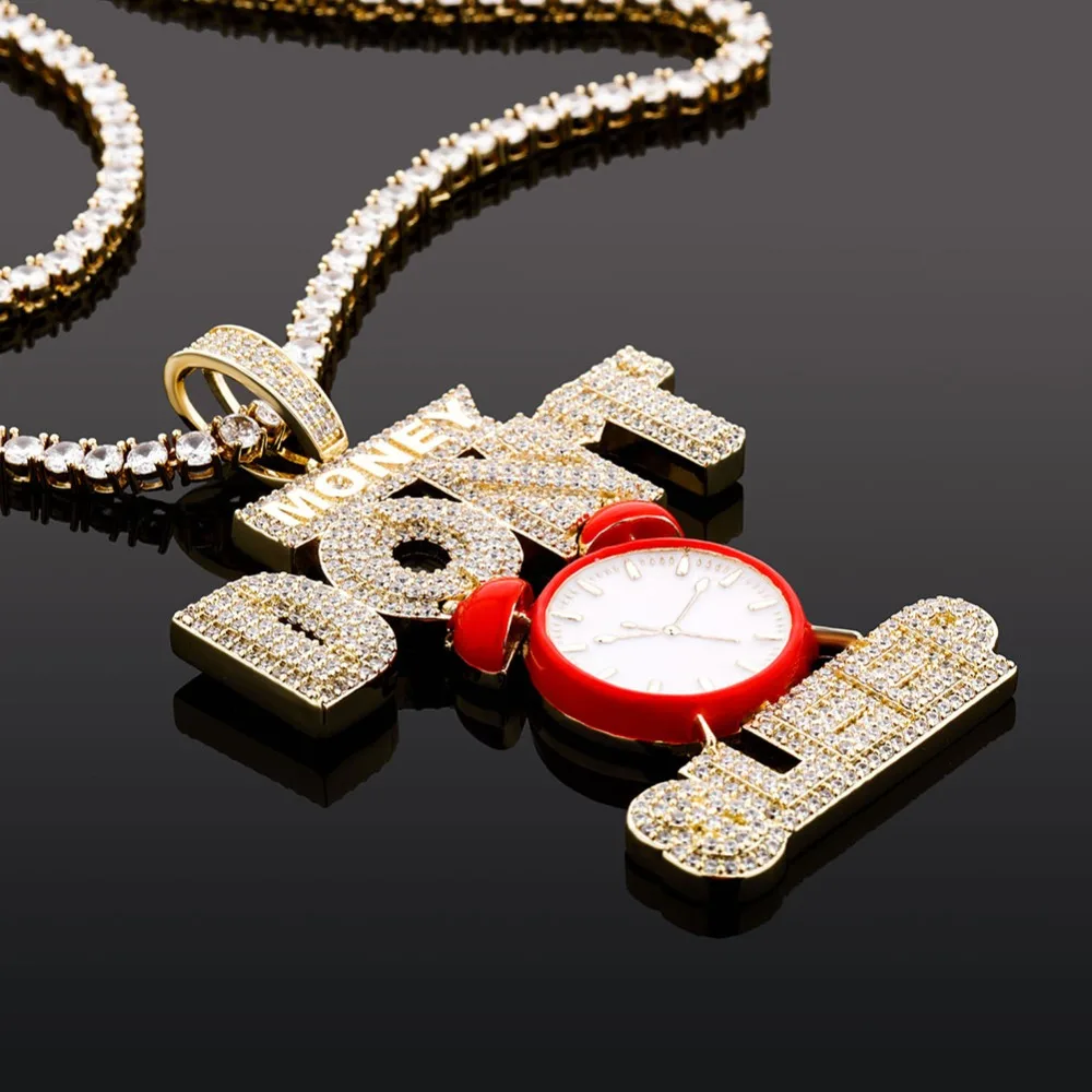 GUCY Hip hop Jewelry Alarm Clock Pendant Necklace Full Iced Out AAA Cubic Zircon Fashion Accessories for Drop Shipping