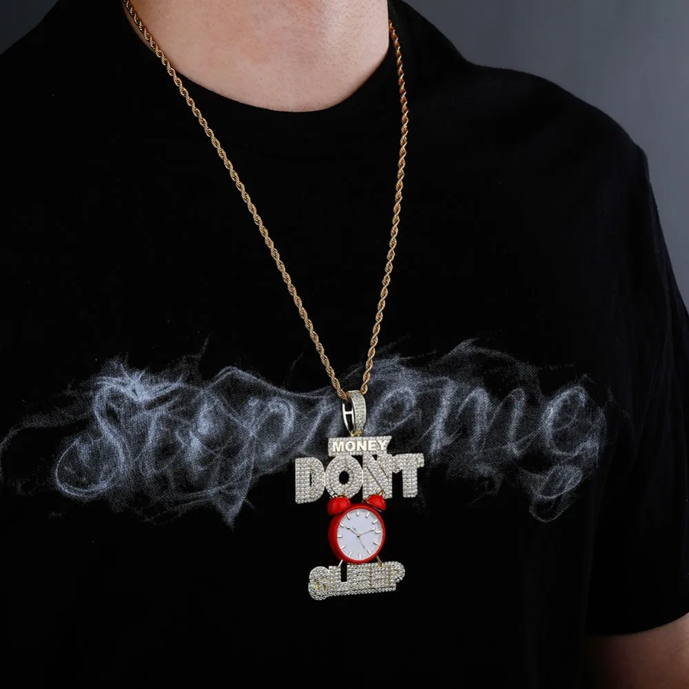 GUCY Hip hop Jewelry Alarm Clock Pendant Necklace Full Iced Out AAA Cubic Zircon Fashion Accessories for Drop Shipping