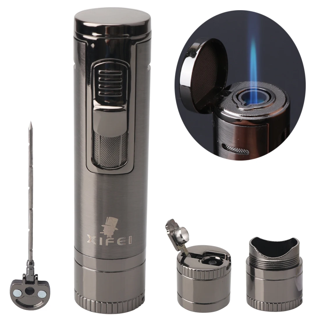 Xifei Cigar Lighter Torch W/ Puncher Holder Aeration Tool Needle Windproof Aansteker Metal Esqueiro Maçarico Smoking Accessories