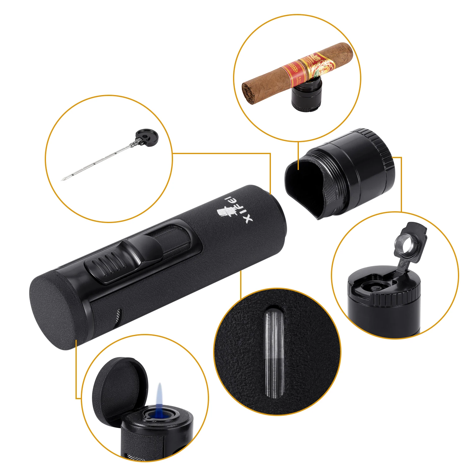 Xifei Cigar Lighter Torch W/ Puncher Holder Aeration Tool Needle Windproof Aansteker Metal Esqueiro Maçarico Smoking Accessories