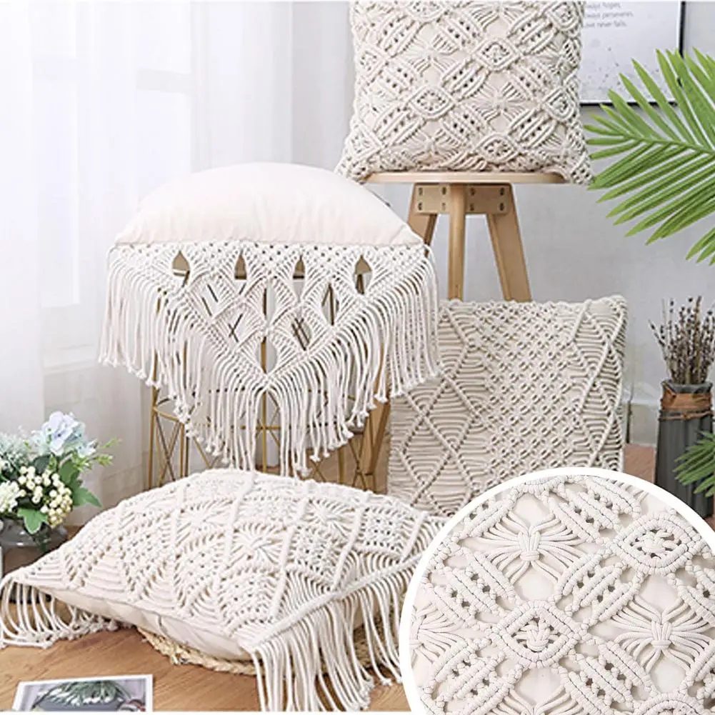 Cushion Covers 100% Cotton Linen Macrame Hand-woven Thread Pillow Covers Geometry Bohemia Style Pillowcase Home Decor 45x45cm