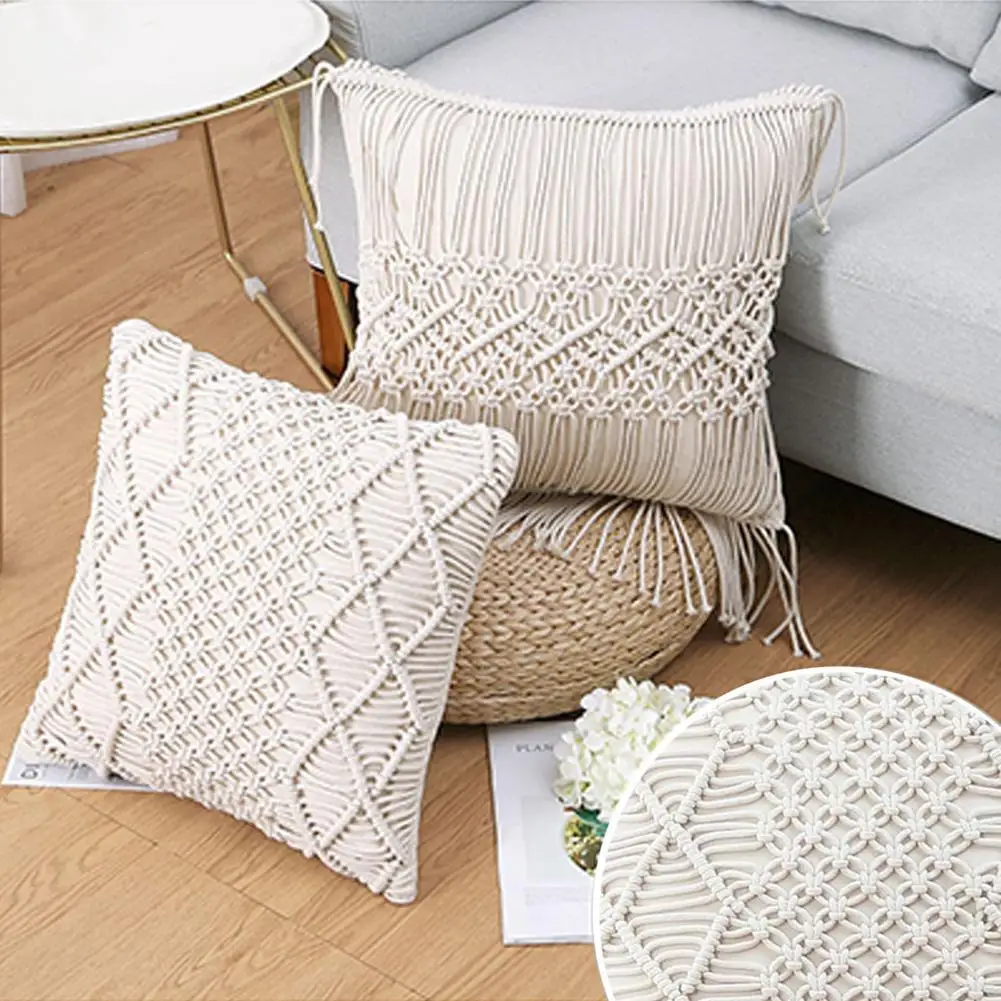Cushion Covers 100% Cotton Linen Macrame Hand-woven Thread Pillow Covers Geometry Bohemia Style Pillowcase Home Decor 45x45cm