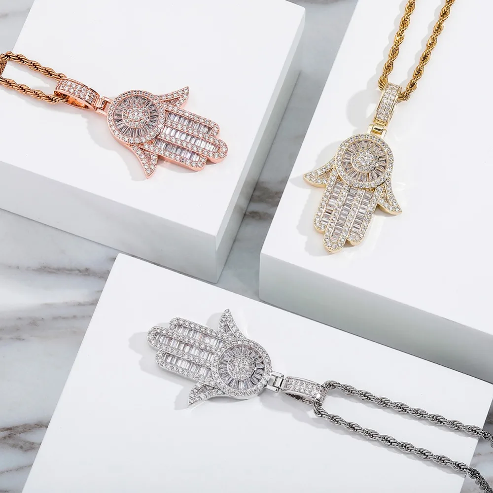 GUCY Fashion Hand Pendant Necklace with 4mm Tennis Chain Bling Cubic Zircon Men's Hip Hop Jewelry For Gift