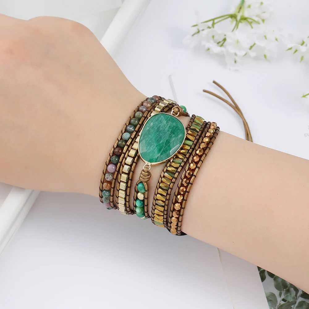 Genuine Leather Natural Stone Gemstone Crystal Bead Bracelet Vinage Style Green Stone Handwoven 5 Wrap Bracelet Jewelry