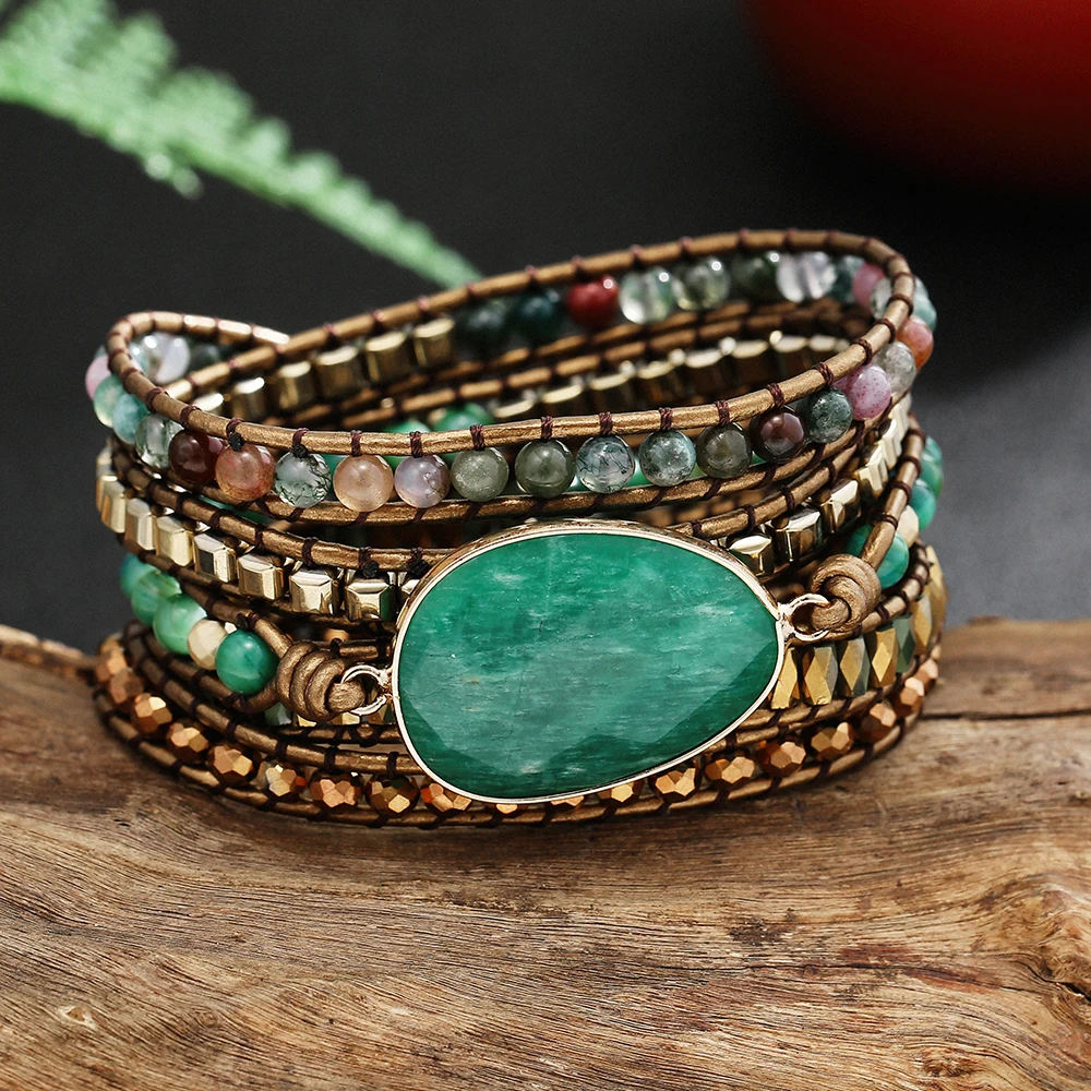 Genuine Leather Natural Stone Gemstone Crystal Bead Bracelet Vinage Style Green Stone Handwoven 5 Wrap Bracelet Jewelry