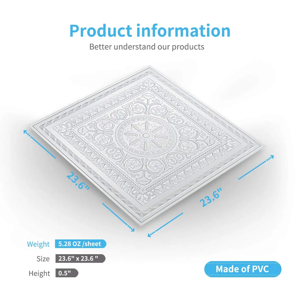 12PCS PVC 3D Ceiling Tiles Wall Panels Decorative Water Proof Moisture-proof Plastic Sheet in White (60x60cm)