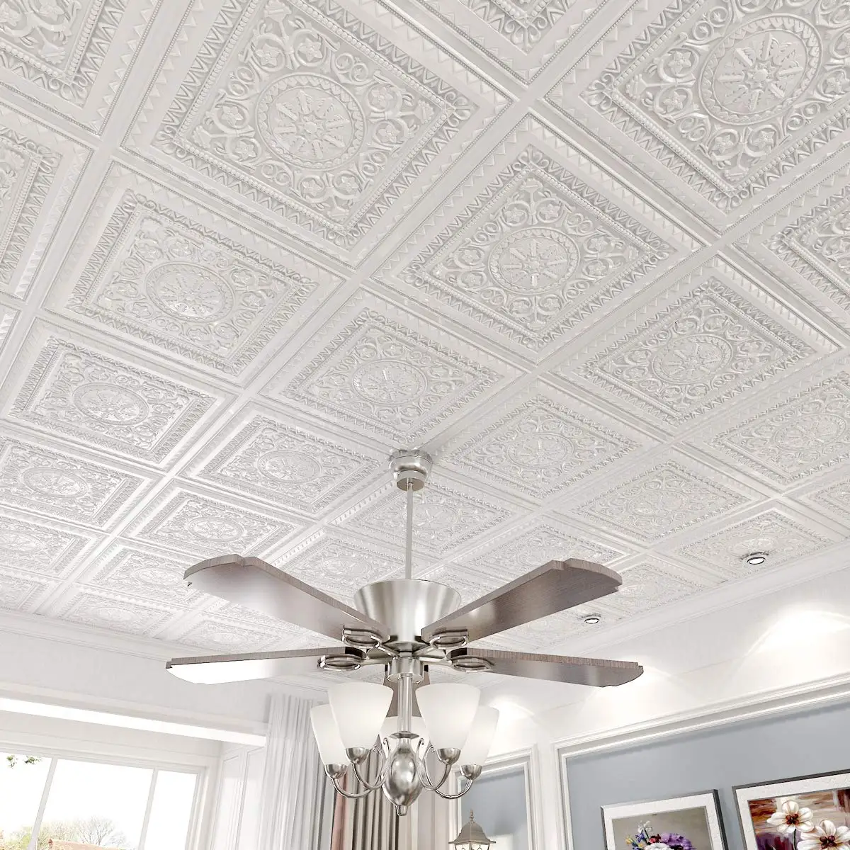 12PCS PVC 3D Ceiling Tiles Wall Panels Decorative Water Proof Moisture-proof Plastic Sheet in White (60x60cm)
